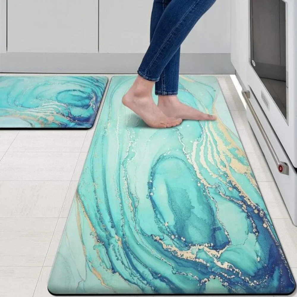 New Set of 2 Teal Marble Kitchen Mat, Anti-Fatigue, Non-Slip, Cushioned Foam